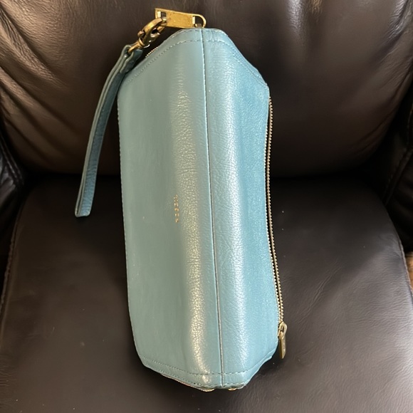 Fossil Leather Turkish Blue Gold Full  Zip Wallet Writlet - Picture 9 of 9